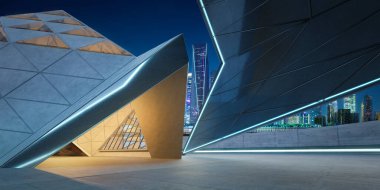 Mavi saat boyunca şehir siluetine karşı geometrik şekilli modern bina. 3B görüntüleme