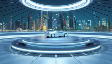 Gösterişli konsept araba gece modern gökyüzü arkaplanı ile parlayan bir platformda sergilendi.