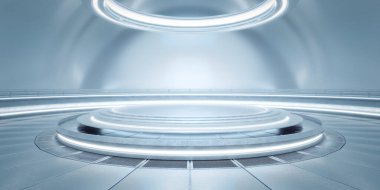 İçi boş, modern bilim kurgu tasarımı yüksek teknolojili bir platforma ya da sahneye benzeyen parlayan yüzüklere sahip.