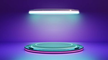 Pürüzsüz bir podyumun soyut 3D görüntüsü parlak mor renkte neon ışıklarla aydınlatılmış.