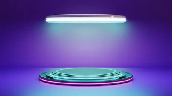 Redare Unui Podium Elegant Iluminat Lumini Neon Într Nuanță Violet fotografii de stoc fără drepturi de autor