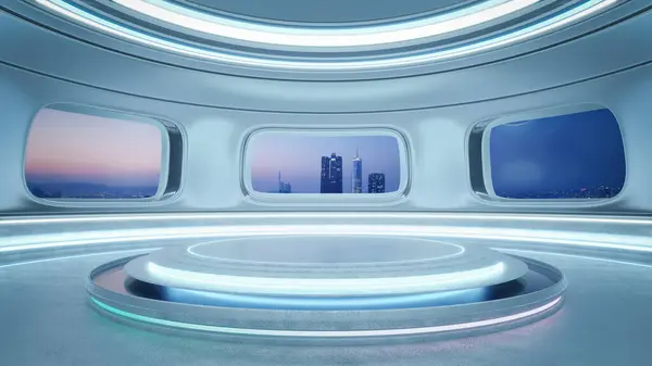 Modern Belső Tér Panorámás Ablakokkal Kilátással Szürkületi Városképre Elegáns Futurisztikus Jogdíjmentes Stock Fotók
