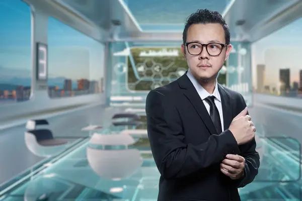 Professional Businessman Adjusts His Suit Futuristic Office Cityscape Views Stock Image