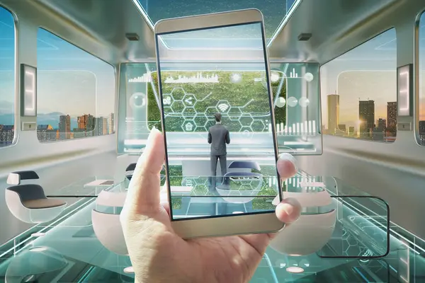 Hand Holding Phone Displaying High Tech Smart Office Interior Holographic Stock Picture