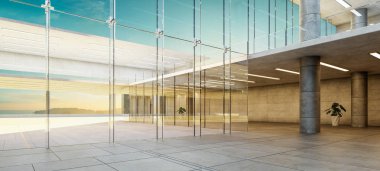 Geniş ofis lobisi. Cam duvarları var. Açık gökyüzünün altında okyanusun panoramik manzarasını sunuyor. 3B görüntüleme