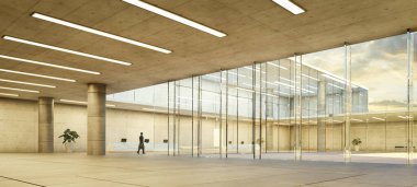 Geniş ve parlak modern ofis lobisi. Büyük pencereleri ve minimalist tasarımı var. 3B görüntüleme