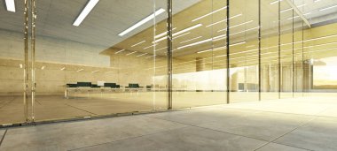 Parlak, ferah ofis içi şeffaf cam duvarlar ve doğal ışık altında parlak banklar. 3B görüntüleme