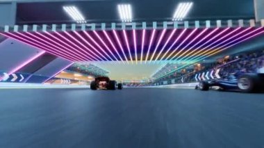 Işıklı ve tezahüratlı seyircili bir yarış arabasının formülü. 3d canlandırma canlandırması