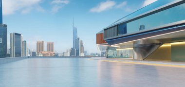 Çağdaş binanın önündeki boş beton zeminin 3D görüntülenmesi, arka planda şehrin ufuk çizgisi manzarası