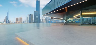 Çağdaş bir binadan şehre tepeden bakan fütüristik bir tasarıma sahip üç boyutlu beton bir plaza.