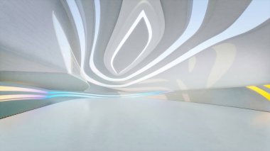 Beyaz kıvrımlı duvarları ve renkli ışıkları olan, arka planlar için ideal, aydınlık, boş bir alana sahip soyut bir mimari. 3d oluşturma