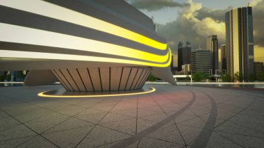 Parlak sarı ışıkları olan modern bina günbatımında dış tarafı aydınlatıyor ve arka planda bir şehir silüeti var. 3d oluşturma