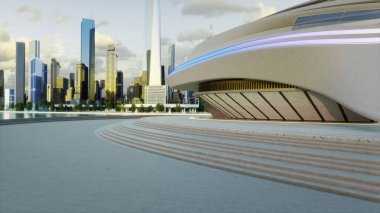 Gün batımında şehrin ufuk çizgisi önünde neon ışıkları olan fütüristik bir binanın 3D görüntüsü