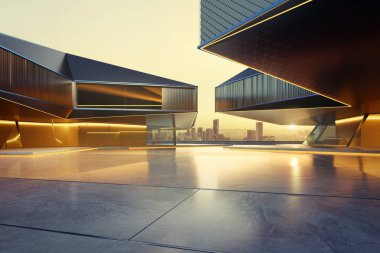 Boş beton zemin, arka planda modern binalar ve şehir silueti ile güneşi batarak aydınlanıyor. 3d oluşturma