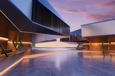 Günbatımında boş meydanı aydınlatan neon ışıklı modern binalar.