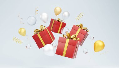 Üzerinde altın kurdeleler ve açık mavi bir zemin üzerinde yüzen renkli balonlar olan kırmızı hediye kutularının 3D çizimi, Noel ya da doğum günü kutlamaları için mükemmel.