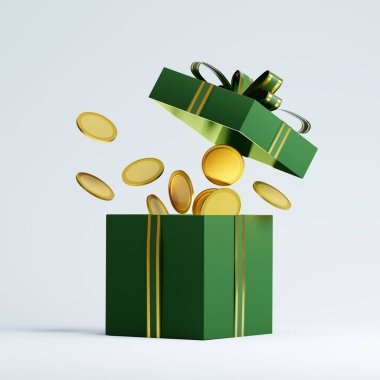 Yeşil bir noel hediye kutusunun 3D yorumlanması altın sikkeleri ortaya çıkarıyor, zenginliği ve tatil ikramiyelerini simgeliyor
