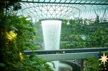 Etkileyici yağmur girdabı, Changi Havaalanı 'nın içinde akıyor. İçerisi bereketli bir ormanla çevrili.