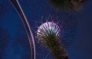 Futuristic vertical gardens glowing at night with curved aerial walkway in a stunning botanical garden clipart