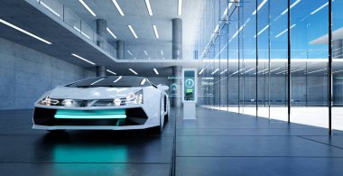 Camdan duvarları olan modern bir binanın içinde, sürdürülebilir ulaşımı olan bir istasyonda çalışan gelecekçi elektrikli spor araba. 3B görüntüleme