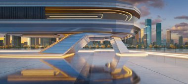 Şehrin ufuk çizgisine bakan ışıklı zemini olan fütüristik binanın boş çatısı. 3B renderng