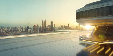 Gelecekçi mimari modern şehirde kentsel ufuk çizgisiyle buluşur, nefes kesen güneşin sıcacık parıltısıyla yıkanır. 3B görüntüleme