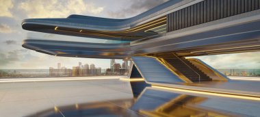 Günbatımında şehir manzarasına bakan camdan balkonları ve parlayan ışıkları olan modern bina yenilikçi ve fütüristik mimariyi gözler önüne seriyor. 3B renderng