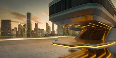 Modern mimari kentsel manzarayla harmanlanmış, alacakaranlıkta çarpıcı bir şehir manzarası yaratıyor. 3B renderng