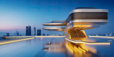 Günbatımında şehir manzaralı çatıda parlayan modern mimari. 3B görüntüleme