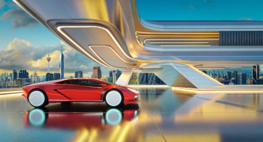 Fütürist mimarinin altına park edilmiş parlak kırmızı spor araba günbatımındaki yenilikçi şehir manzarasını yansıtıyor. 3B görüntüleme