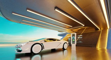Elektrikli spor araba günbatımında modern, fütüristik bir garajda şarj oluyor, yenilik ve lüks sergileniyor. 3B görüntüleme