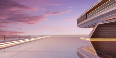 Güzel bir günbatımında neon ışıklarıyla aydınlatılmış fütüristik bir binanın boş çatısı. 3B görüntüleme