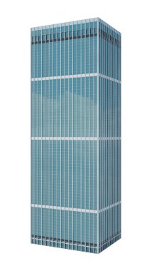 Modern cam gökdelen, berrak beyaz bir arkaplana karşı yükseliyor, şehir mimarisini gözler önüne seriyor. 3B görüntüleme