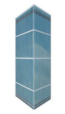 Modern cam gökdelen, berrak beyaz bir arkaplana karşı yükseliyor, şehir mimarisini gözler önüne seriyor. 3B görüntüleme