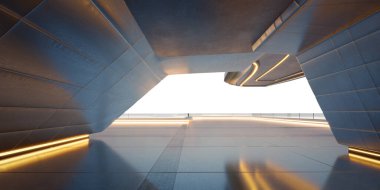 İçi turuncu ışıklı ve beyaz arka planlı boş metalik bilim kurgu binası. 3B görüntüleme