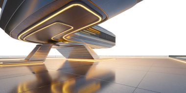 Gün batımında neon ışıklarıyla aydınlatılan boş meydanın üzerinde süzülen fütüristik bina büyüleyici ve dünya dışı bir atmosfer yaratıyor.
