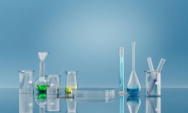 İçinde renkli kimyasal sıvı bulunan cam eşyalar laboratuvar ekipmanları oluşturur. 3B görüntüleme