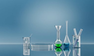 Renkli kimyasallarla dolu cam deney tüpleri ve deney tüpleri yansıtıcı yüzeyde durarak bilimsel bir sahne yaratıyor. 3B görüntüleme