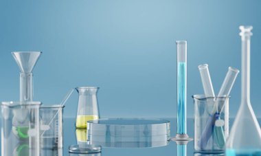 Renkli kimyasal çözümler içeren çeşitli laboratuvar bardakları, bilimsel araştırma ve deneyleri vurguluyor. 3B görüntüleme