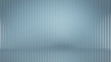 Dikey çizgileri ve zemin yansıması olan boş mavi oda modern ve minimalist bir alan yaratıyor. 3B görüntüleme