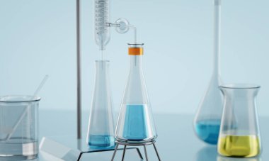 Renkli sıvılarla dolu cam şişeler ve şişeler, bilimsel araştırma kavramını vurgulamak için kimyasal bir reaksiyon olduğunu gösteriyor. 3B görüntüleme