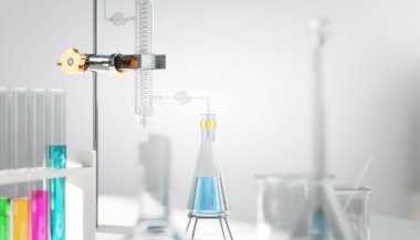 Modern laboratuvar ortamında deney sırasında mavi sıvıyı Erlenmeyer şişesine damlatan yoğunlaştırıcı. 3d oluşturma