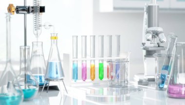 Modern laboratuvar ortamında mikroskop ile renklendirilmiş kimyasallarla dolu camlar devam eden bir deney olduğunu gösteriyor. 3d oluşturma
