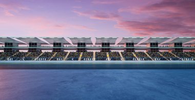 Yarışın gün batımında başlamasını bekleyen hayranlarla dolu büyük, modern bir stadyum. 3B görüntüleme