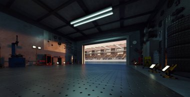 Motorsport pit garajı gün batımında kalabalık bir stadyuma açılıyor, lastik değiştirme makinesi, aletler ve iş lambalarıyla. 3B görüntüleme