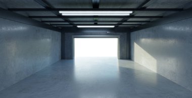 Açık kapısı ve beton zemini olan modern ve ferah boş bir garaj. 3B görüntüleme