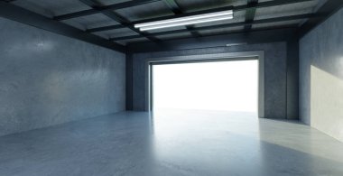 Modern boş garaj beyaz arka planda açılıyor ve güneş ışığı giriyor. 3B görüntüleme