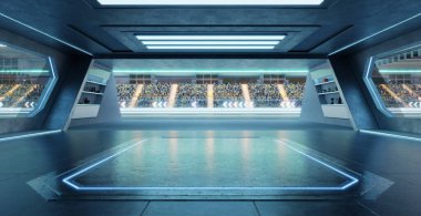 Tribünde seyircilerin tezahürat yaptığı bir yarış pistinde boş bir gelecek garajı açılıyor. 3B görüntüleme 