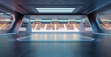 Seyircilerin tribünlerde beklediği bir yarış pistinde boş bir garaj kapısı açılıyor. 3B görüntüleme 