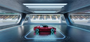 Parlayan tekerlekleri olan parlak kırmızı yarış arabası hareketli bir yarış pistine bakan modern bir garajda duruyor, bir sonraki yarışa hazır. 3B görüntüleme 